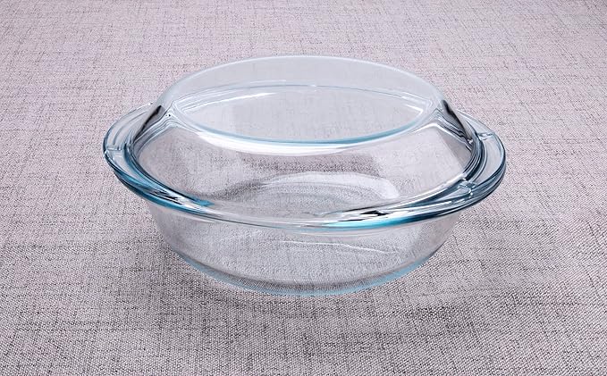 Round Glass Casserole Dish with Lid, Nesting Glass Baking Dish, Heat, Cold and Shock Proof, Oven, Freezer and Dishwasher Safe (1L)