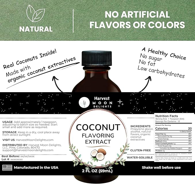Natural Coconut Extract - 2 oz - Water-Soluble - By Harvest Moon Delights - Coconut Extract for Baking, Ice Cream, Drinks, and Candy - Flavoring - Sugar Free