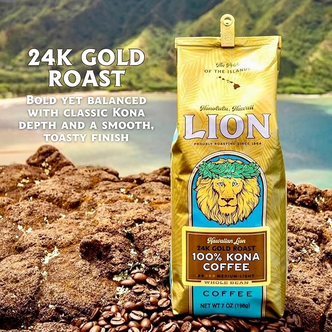 Lion Coffee 24K Gold Roast 100% Kona Whole Bean Coffee, Medium-Light Roast, A Taste of Aloha - 7 Ounce Bag