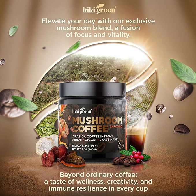 KIKI Green Mushroom Coffee - Instant Arabica Brew with Reishi, Chaga, Lion's Mane - Everyday Alternative for Focus, Energy, Immunity - 7 oz, 40 Servings
