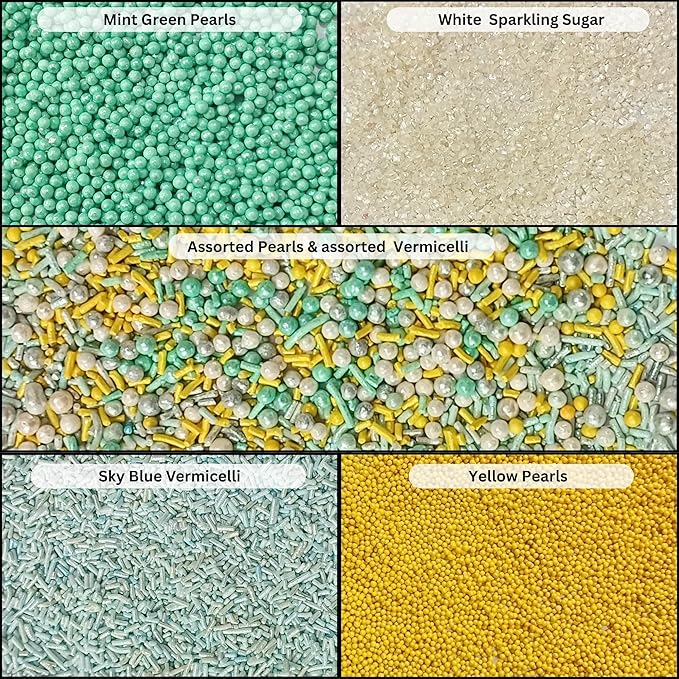 Confect Cake Sprinkles Mix Pack of 5 ??Sky Blue, Yellow & White ??Pearl Dragees, Jimmies, Sparkling Sugar ??Baking Decorations for Cakes, Cupcakes, Cookies & Desserts- Vegan, Gluten-Free, Nut-Free, Soy-Free, Dairy-Free, Palm Oil-Free- 5 Oz