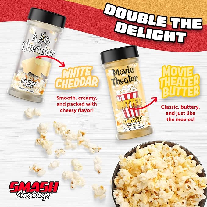 White Cheddar & Movie Theater Butter Popcorn Seasoning Shaker ??2 Pack Double Flavor Blend with Rich Butter & Sharp Cheese ??Sprinkle for Popcorn, Fries, Pasta, Chips, Veggies, Snacks, Gatherings