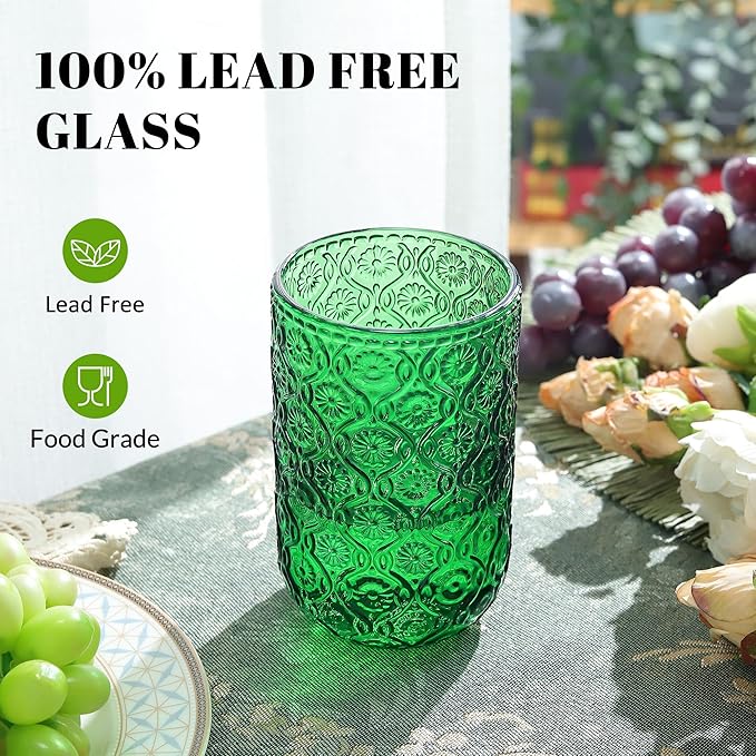 Joeyan Vintage Drinking Glasses,Green Embossed Floral Highball Glass Water Tumbler,14 oz Colored Beverages Juice Cocktail Beer Wine Glassware Cups,Set of 4,Dishwasher Safe