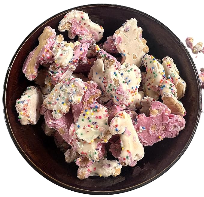 Pink and White Yogurt Coated Animal Crackers - 1 lb of Fresh Gourmet Sweet Creamy Covered Dipped Animal Crackers with Rainbow Non Pareil Beads in Resealable Bag
