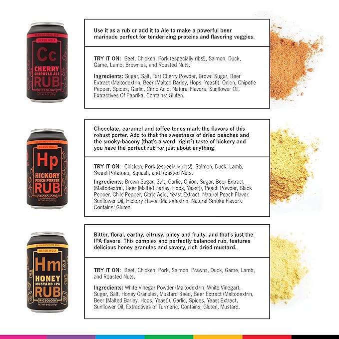 Spiceology ??Derek Wolf Beer-Infused BBQ Rub Set ??Cherry Chipotle Ale, Honey Mustard IPA, Hickory Peach Porter, Imperial Coffee Stout, Jalapeño Lime Pilsner & Mesquite Peppercorn Lager ??6 Pack