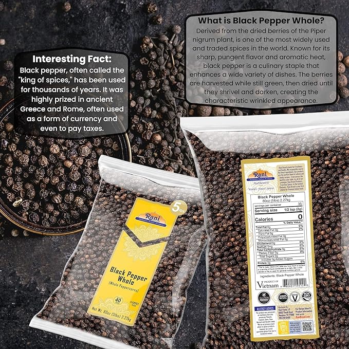 Rani Black Pepper Whole (Peppercorns), Premium MG-1 Grade 80oz (5lbs) 2.27kg Bulk ~ All Natural | Gluten Friendly | Non-GMO | Kosher | Product of Vietnam | Perfect size for Grinders!