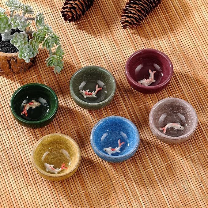 Skyley 6 Pieces Korean Soju Shot Glasses Sets Porcelain Cups Korean Ceramic Cups Tea Accessories Drinkware, Handcrafted Ceramic(Colorful,Koi Fish Pattern)