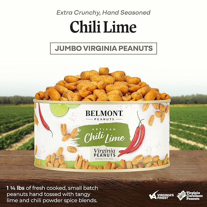 Belmont Peanuts Gourmet Chili Lime Virginia Peanuts, 20 oz (1 Pack) ??Simple Ingredients, No Preservatives, 7g Protein ??A Premium, Citrusy, Spicy, Salty, Crunchy, Hand Seasoned Snack