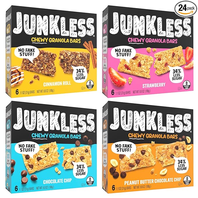 JUNKLESS Chewy Granola Bar 4?멑lavor Variety Pack (24 Bars)?밡on?멒MO, Gluten?멑ree, Less Sugar Snack Bars??Chocolate Chip, Peanut Butter Chocolate Chip, Cinnamon Roll & Real Strawberry, 4 Boxes