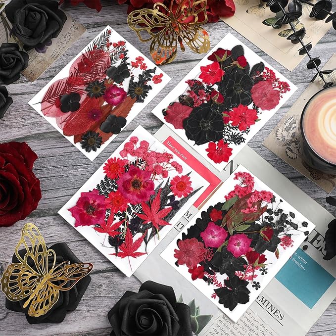 Nuanchu Pressed Flowers Bulk Dried Flower for Crafts, Dried Wildflowers Leave Natural with Tweezer for Resin Mold Scrapbooking Nail Soap Making DIY(Stylish Style,Red Color)