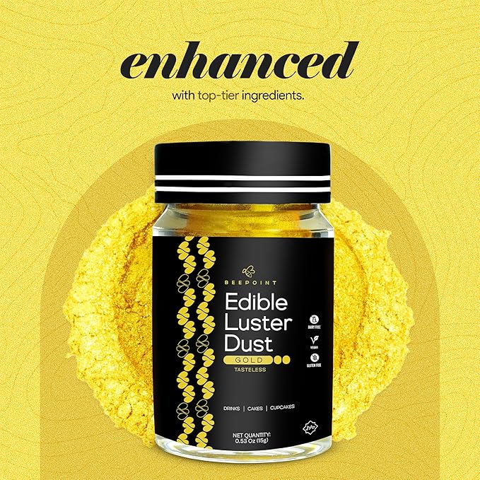 BeePoint Gold Edible Luster Dust 15g - Food Grade, Vibrant Color Shimmer Powdered Dust for Drinks, Cocktails, Cake Decorating, Baking, Chocolates, Candy, Sweets, & Cookies - Vegan & Gluten Free
