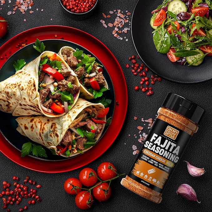 Fajita Seasoning Mix Cheddar Cheese Powder - Gluten Free & Low Sodium Mild Mexican Seasonings Blend for Meat, Vegetables, Steak & Chicken Fajita. Nacho Cheese Powder Fajitas Seasoning Spice. 4.2oz