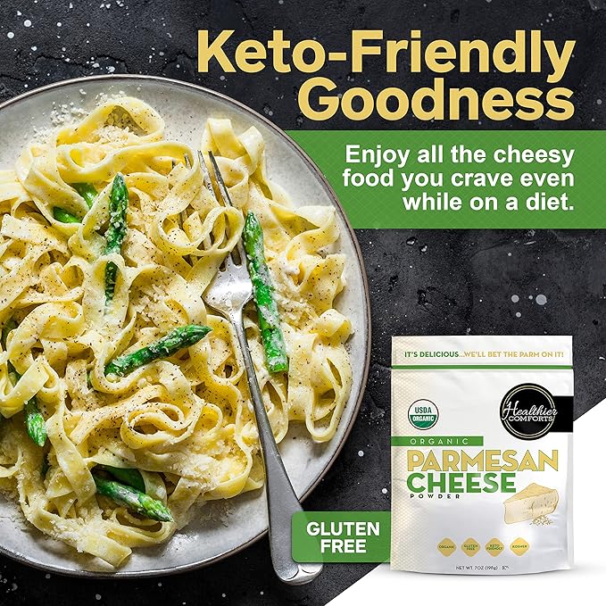 Healthier Comforts Organic Parmesan Cheese Powder, Kosher, Non-GMO, Chemical Free, Gluten Free, Keto Friendly, From Cows Raised Free of Antibiotics or Hormones (rBGH or rBST) (7 Ounce (Pack of 1), Organic Parmesan)