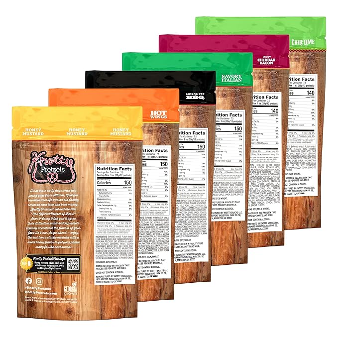 Knotty Pretzels - "The Official Pretzel of Beer" 7.5 Ounce Pretzel in Resealable Snacks Bags - Variety Pack (6 Pack)