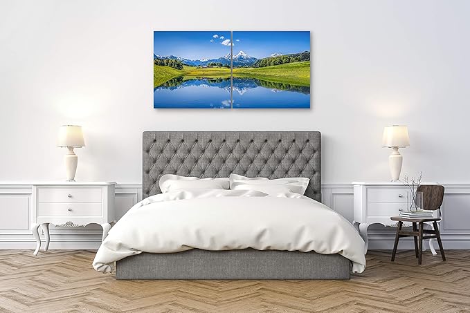Mountain Landscape Wall Art Decor - 2 Piece Set, Decorative Framed Winter Snowy Lake Landscape Canvas Art Multi Panel Split Prints for Living Room, Kitchen, Bedroom, Office & Home Decor Gift