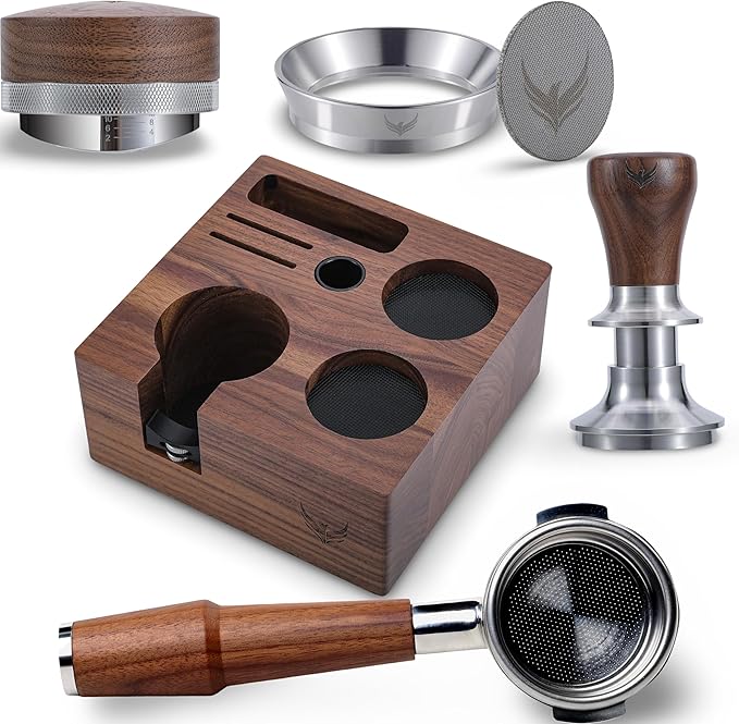 58mm Rocket Accessories Kit ??E61 Bottomless Portafilter, Espresso Tamper, Distributor, Tamping Station, Puck Screen & Funnel Premium Walnut Espresso Tools Barista Kit