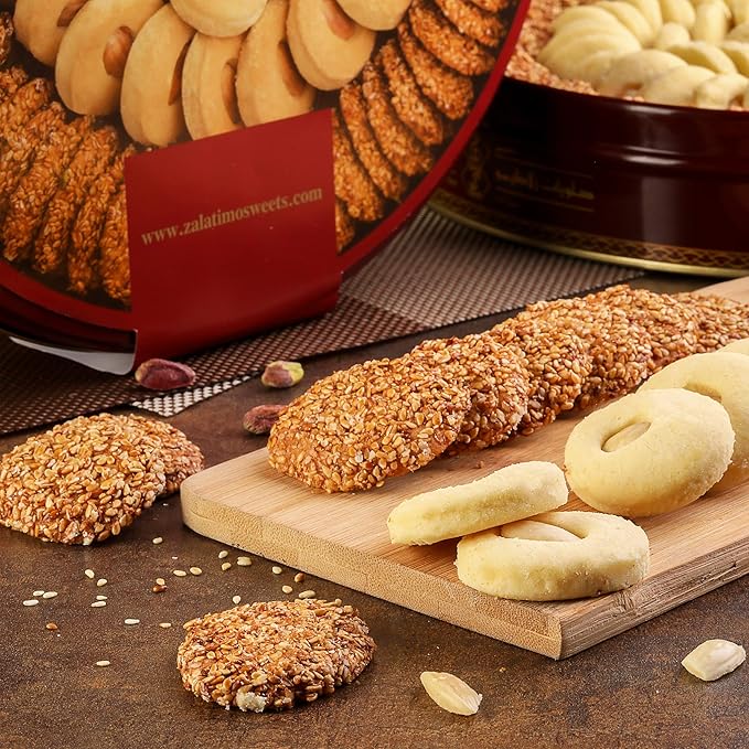 Zalatimo Sweets Since 1860, 100% All-Natural Sesame & Butter Shortbread Cookies, Round Gift Tin, Slightly Sweet Cookies with No Preservatives, No Additives, No Corn Starch, No Syrups! 1.65Lbs