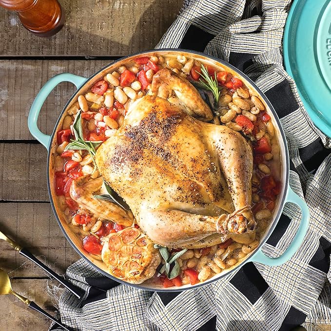 Enameled Cast Iron Dutch Oven Shallow Casserole Braiser with Dual Handle, 3.8 QT, Peacock blue