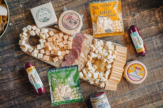 Cheese Bros Game Day Deluxe Gift Box | Fresh from Wisconsin | Includes Goudas, Curds, 8-Year Aged Cheddar, Mustard, Summer Sausage and Organic Crackers | Tailgating Snacks for Everyone