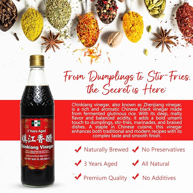 NPG Chinkiang Vinegar 19.61 Fl Oz (580ml), 3 Years Aged Zhenjiang Black Rice Vinegar, Naturally Brewed Chinese Black Vinegar For Dumplings, Xiao Long Bao, Sushi, Salad, Marinade, Stir Fry