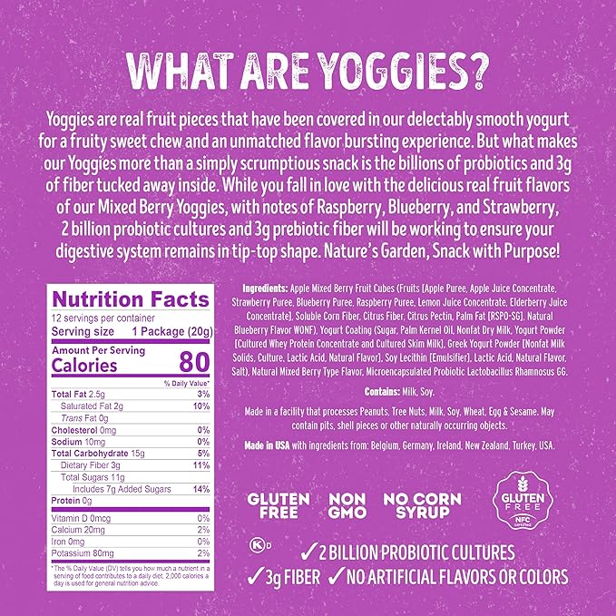 Nature's Garden Probiotic Mixed Berry Yoggies 12 x 0.7oz (Pack of 4) Yogurt Covered Fruit Snacks, High Fiber, Real Fruit Pieces, Office Snack Variety Packs For Adults, No Artificial Flavors or Colors, Gluten Free