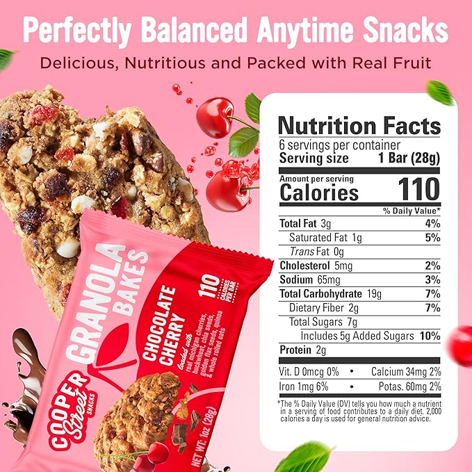 Cooper Street Chocolate Cherry Granola Bakes (48 Count) – Individually Wrapped Soft and Chewy Granola Bars Bulk – Low Sodium, Nut & Dairy Free - Perfect As Healthy Bulk Office or Classroom Snacks
