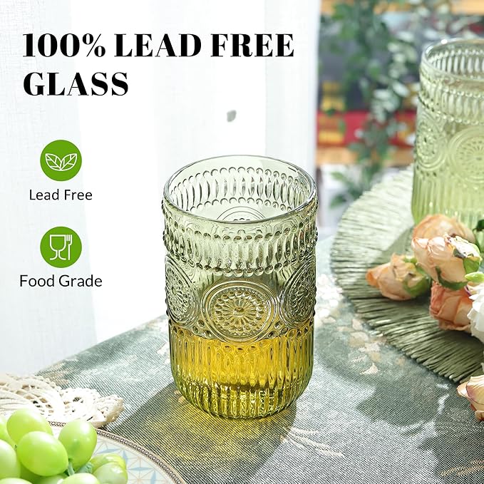 Joeyan Vintage Green Drinking Glasses Set of 4,14 oz Embossed Sunflower Beaded Highball Glass Water Tumbler Cups,Colored Romantic Glassware for Beverages Cocktail Juice Wine,Dishwasher Safe