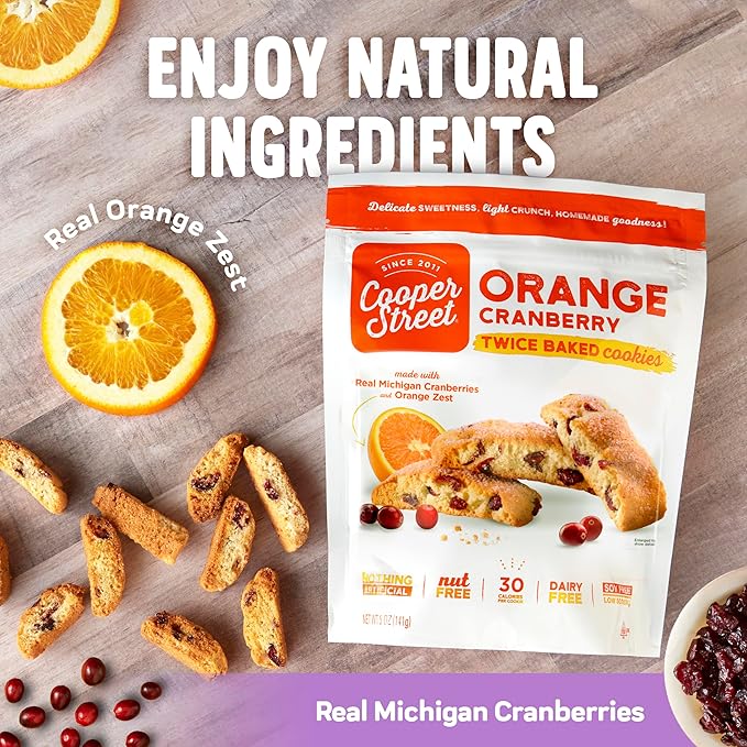 Cooper Street Italian Biscotti Cookies, Orange Cranberry Flavor, 1.25oz, 24 Pack, Peanut & Dairy Free, Satisfying Sweet Tooth Without Guilt