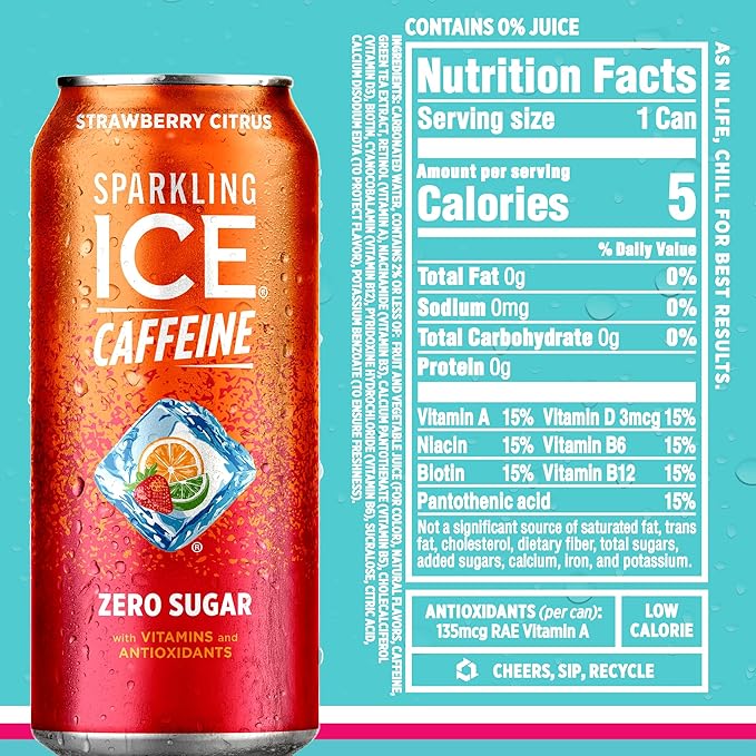Sparkling Ice Caffeine Variety Pack, Flavored Sparkling Water, Zero Sugar, with Vitamins and Antioxidants, 16 fl oz, 12 count (Citrus Twist, Black Raspberry, Blue Raspberry, Strawberry Citrus)