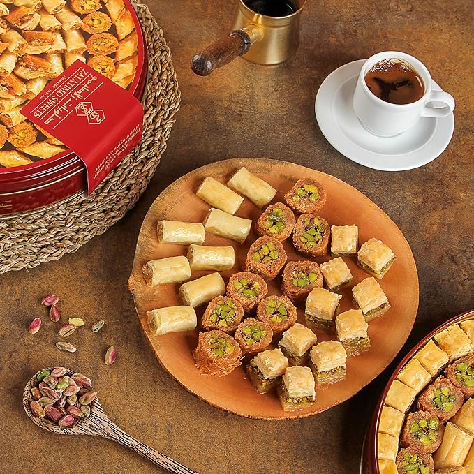 Zalatimo Sweets Since 1860, 100% All Natural Assorted Baklava, Slightly Sweet Baklava in Round Metal Gift Tin, No Preservatives, No Additives, No Corn Starch, No Syrups! 2.2Lbs