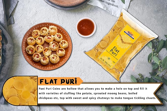 Rani Pani Puri Coins 7oz (200g) 80-85 Coins ~ Uncooked, Microwaveable wheat and Semolina Coins ~ All Natural | Vegan | NON-GMO