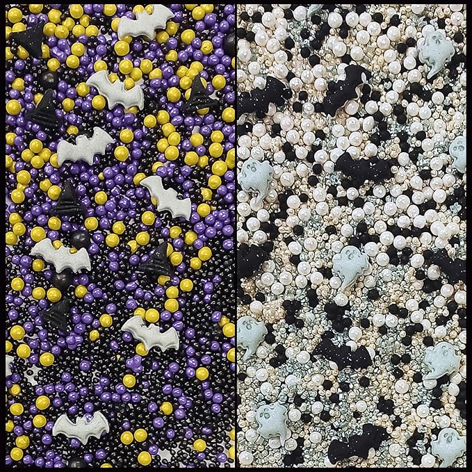Confect Sprinkles ??Edible Pearl Mix in White, Purple, Black & Ghastly Green with Ghost Party Shapes: Boo, Bats & Bones ??Halloween Sprinkles for Cupcakes, Cookies & Spooky Treats- 5 Oz