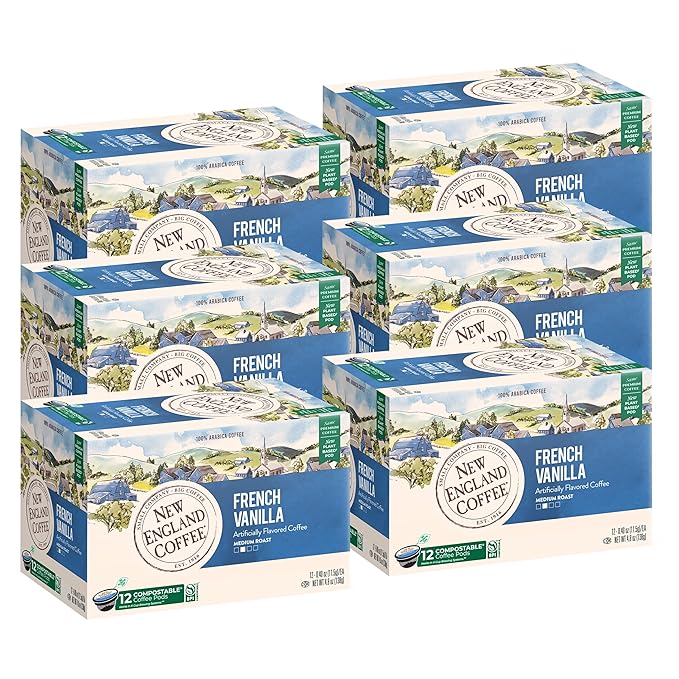 New England Coffee French Vanilla Medium Roast Single Serve Pods, 12ct Box (Pack of 6)
