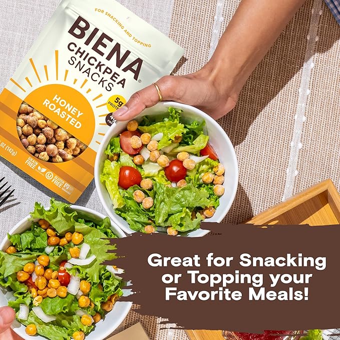 BIENA Chickpea Snacks - Crunchy Roasted Chickpeas - High Fiber Protein Snacks for Adults and Kids - 4-Pack, 5 Ounce Bags - Honey Roasted
