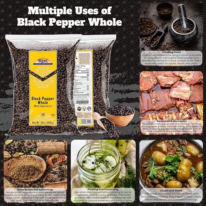 Rani Black Pepper Whole (Peppercorns), Premium MG-1 Grade 28oz (1.75lbs) 800g ~ All Natural | Gluten Friendly | Non-GMO | Kosher | Product of Vietnam | Perfect size for Grinders!