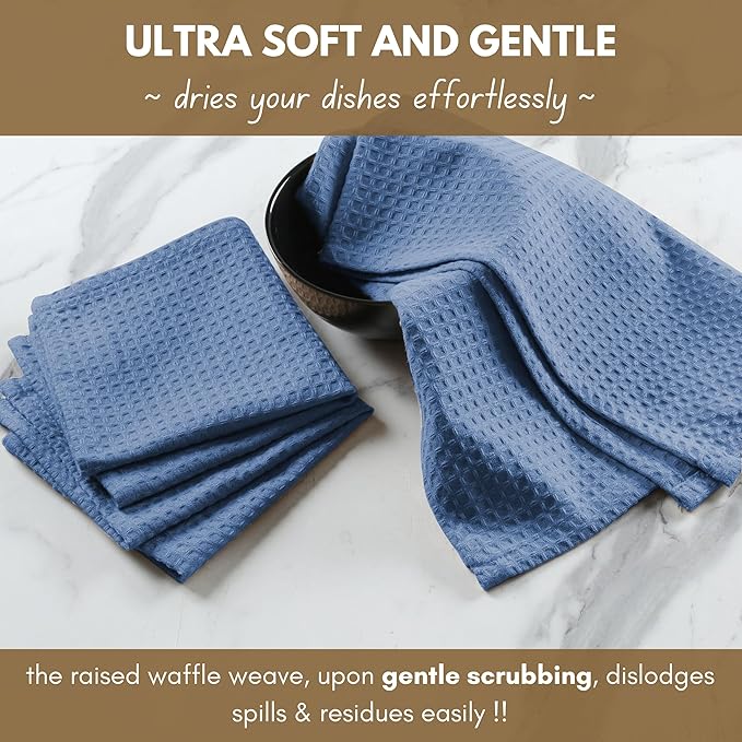 Native Fab Cotton Kitchen Towel with Hanging Loop 16x26 inches, 6-Pack, Waffle Weave Kitchen Towels for Cleaning Drying, Washcloths Soft & Absorbent Cloth Rags, Bar Towel, Dish Cloth, Sky Blue