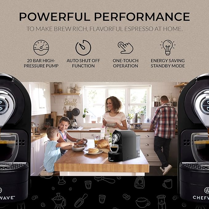 ChefWave Espresso Machine and Coffee Maker (Black) - Compatible with Nespresso Capsules, Programmable, One-Touch, Italian 20 Bar High-Pressure Pump Bundle with Pod Holder and Glasses