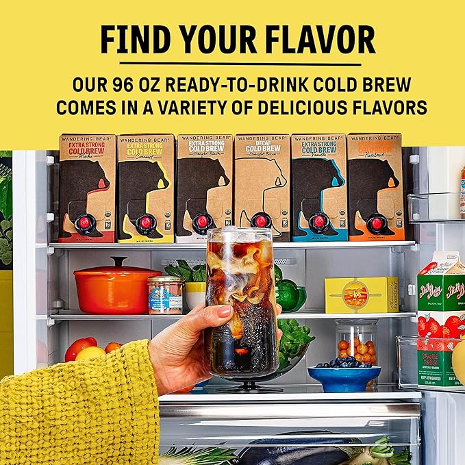 Wandering Bear Organic Caramel Cold Brew Coffee On Tap, 96 fl oz - Extra Strong, Bold, Smooth, Unsweetened, Shelf-Stable, Ready to Drink, Gluten Free, & Vegan, Iced Cold Brewed Coffee Drinks
