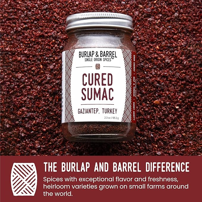 Burlap & Barrel Cured Sumac - Bright, Sour, Salty, Slightly Fermented Spice - Ground Sumac for Cooking - Savory Tartness - As Seen On Shark Tank - 2.3oz Glass Jar