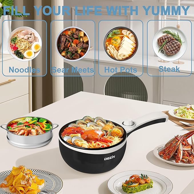 Dezin Hot Pot Electric with Steamer Upgraded, Non-Stick Saut챕 Pan, Rapid Noodles Electric Pot, 1.5L Mini Pot for Steak, Egg, Fried Rice, Ramen, Oatmeal, Soup with Power Adjustment
