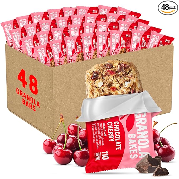 Cooper Street Chocolate Cherry Granola Bakes (48 Count) – Individually Wrapped Soft and Chewy Granola Bars Bulk – Low Sodium, Nut & Dairy Free - Perfect As Healthy Bulk Office or Classroom Snacks