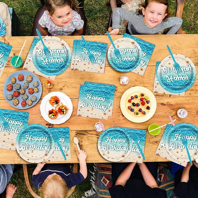 96Pcs Beach Happy Birthday Plates and Napkins Ocean Waves Ocean Seashell Party Decorations Beach Themed Party Dessert Plates Summer Pool Tableware for 24 Guests Hawaiian Supplies