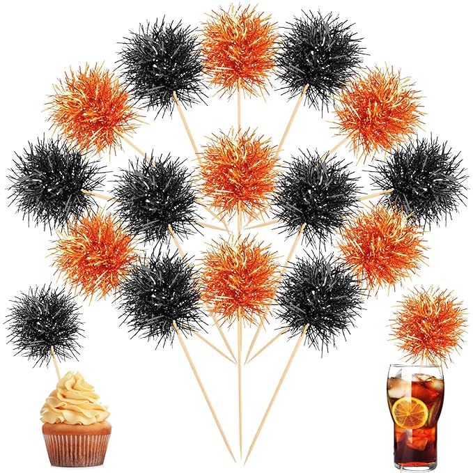 Chinco 100 Pcs Foil Firework Cupcake Toppers Sparkle Tinsel Cake Toppers Cake Decoration Cocktail Fruit Toothpick for Birthday Wedding Graduation Party(Orange, Black)