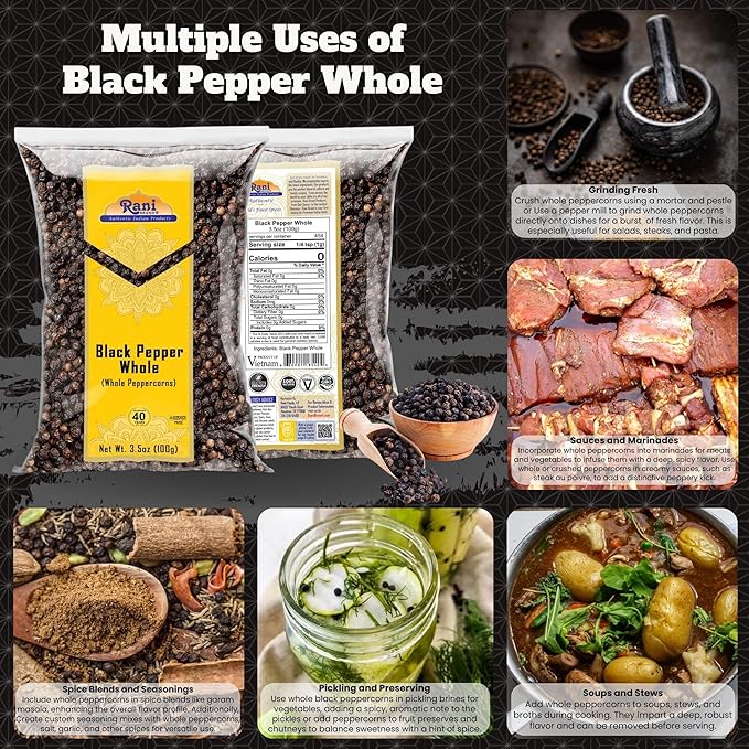 Rani Black Pepper Whole (Peppercorns), Premium MG-1 Grade 3.5oz (100g) ~ All Natural | Gluten Friendly | Non-GMO | Kosher | Product of Vietnam | Perfect size for Grinders!