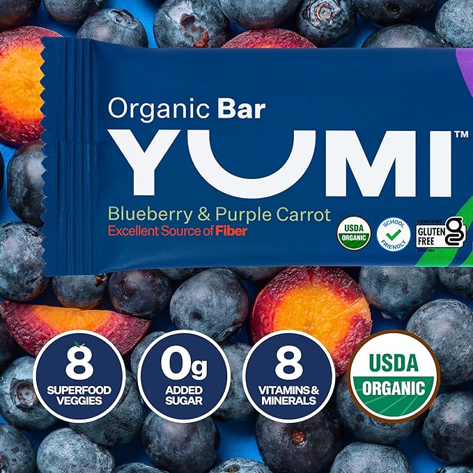 Yumi Organic Toddler Snacks Bars - Gluten-Free, No Added Sugar, 7+ Vegetables, Soft-Baked Crust, Yumi Bars Healthy Toddler Organic Snacks - School Safe for Lunch Boxes, Blueberry & Purple Carrot (30ct.)