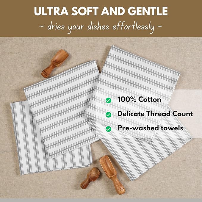 Native Fab 4 Pack Farmhouse Modern Stripe Kitchen Dish Towels Cotton Super Absorbent Quick Drying Reusable 18x26 Inches - Bar Hand Towels, Kitchen Cleaning Towels with Hanging Loop, Grey
