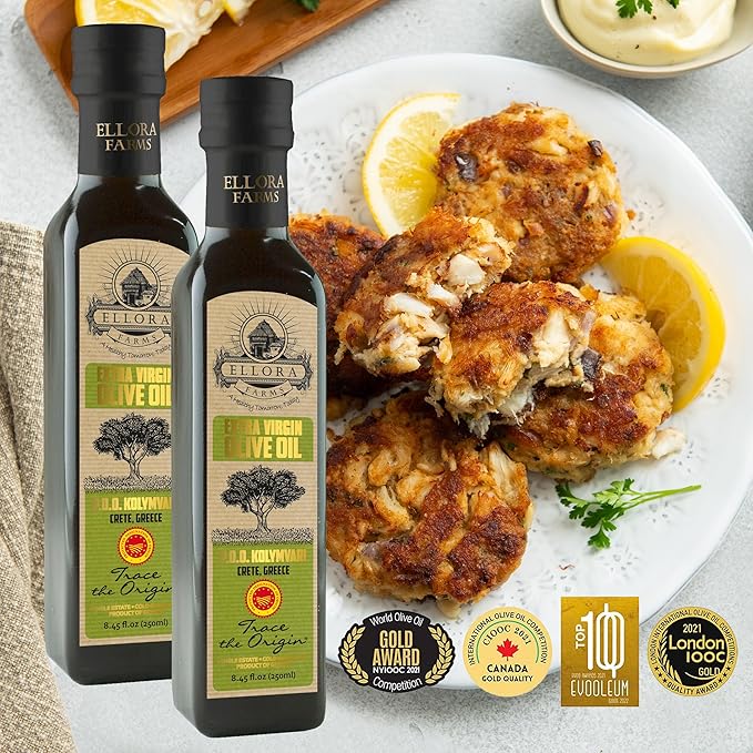 Ellora Farms, Greek Extra Virgin Olive Oil, Gold Award Winner, Single Estate traceable olive oil, 33.8 oz. Tin and 8.45 oz. Glass bottle, Combo Pack