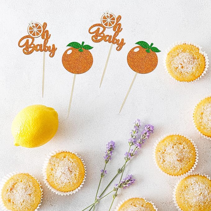 24Pcs Little Cutie Cupcake Toppers Glitter Orange Oh Baby Cupcake Picks Citrus Theme Baby Shower Decorations for Cutie Kids Birthday Party Baby Shower Gender Reveal Fruit Party Supplies