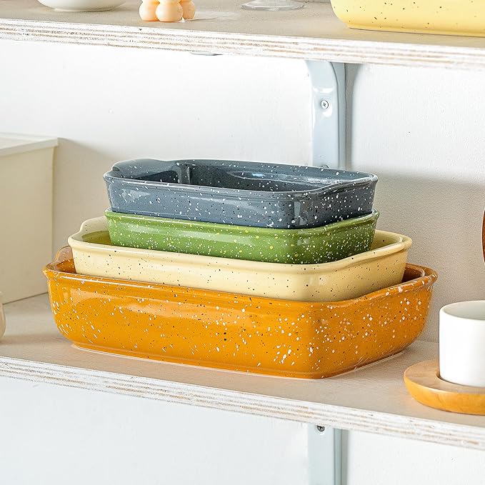 Ceramic Baking Dishes for Oven,Heavy Duty Bakeware Dish Set of 3, Rectangular Casserole,Lasagna Pan Deep,High Heat Resistant,Glazed Handcraft Speckle Series (13.8''/12''/9.6''Green)