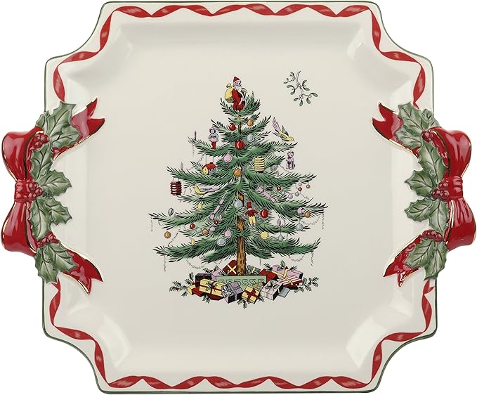 Spode Christmas Tree Ribbons Square Platter with Bow Handles - 11-Inch Holiday Serving Plate for Desserts, Appetizers, and Treats - Festive Christmas Dinnerware with Gold Accents - Dishwasher Safe